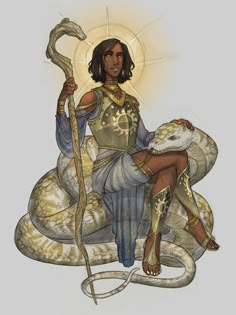 a woman sitting on top of a snake