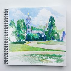 a drawing of a church on a hill