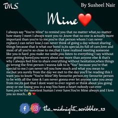 a poem written by susheel nair about mine i always say you're mine to remind that no matter