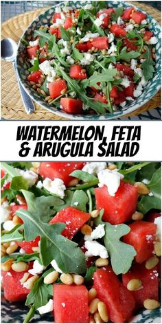 watermelon, feta and arugula salad is shown in two different pictures