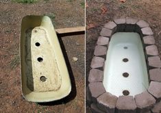 two pictures side by side one has a bathtub and the other has holes in it