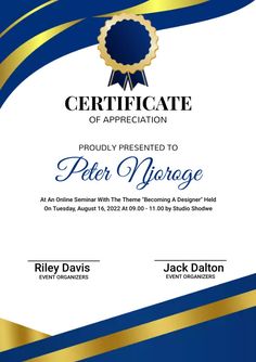 an award certificate is shown with blue and gold stripes on the front, and white background