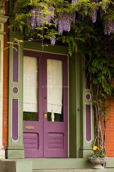 purple and green doors with flowers growing on them