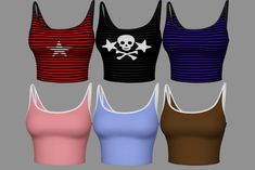 four women's tank tops with skull and crossbones on the front in various colors