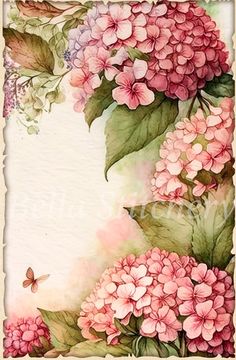 watercolor painting of pink flowers and butterflies