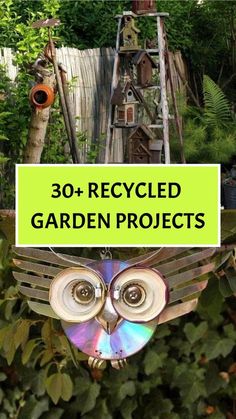 an owl statue with the words 30 + recycled garden projects on it's back