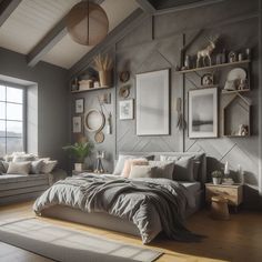 a bedroom with gray walls and wooden floors