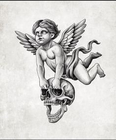 a drawing of an angel sitting on top of a human skull with wings and a demon's head