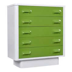 a green and white dresser with drawers on it's sides, against a white background