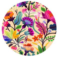 a plate with colorful flowers and leaves painted on the front, in multi - colored colors