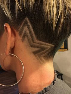 Hair tattoo, hair designs Clipper Designs For Women, Shaved Side Hair Designs, Star Undercut Design, Star Shaved Hair Design, Shaved Sides Designs Patterns, Fades On Women, Back Shaved Hair Undercut, Star Haircut Design, Shaved Hair Designs Undercut