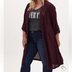 Torrid Georgette Drape Trench Jacket In A Plum Color. Size 4. With Tag Lightweight Trench Coat, Burgundy Outfit, Plus Size Fall, Plus Size Coats, Trench Jacket, Georgette Fabric, Notched Collar, Woven Fabric, Plus Size Fashion