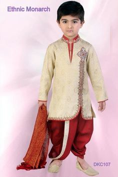 This cream and maroon brocade silk kurta is crafted with self weaving, zircon, resham, zari, cutdana, patch and hand embroidery work. Contrasting maroon art silk dhoti and dupatta comes along with this. Gents Dress, Marriage Suits, Kurti Ideas, Jodhpuri Suits, Ethnic Wears, Kids Dress Boys, Hand Embroidery Work