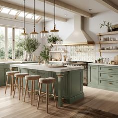 a kitchen with green cabinets and stools next to an island in front of a window