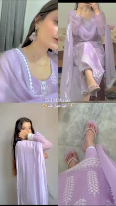 four pictures of a woman in purple clothing