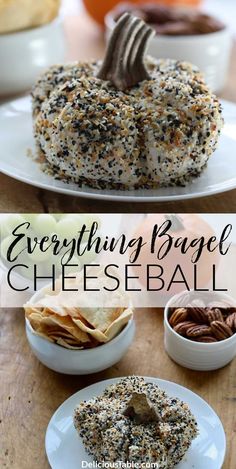 an image of a bagel with toppings on it and the words make - ahead everything bagel cheeseball