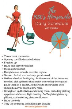 the 1950's housewife daily schedule with printable instructions for cleaning up blinds and windows