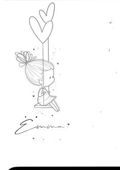 a drawing of a girl on a swing with hearts above her head and the word love written