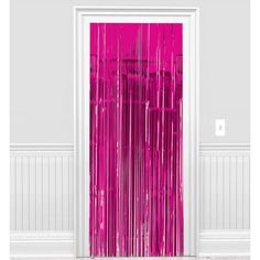 a door with pink curtains on the side and white walls in the background, it looks like an abstract painting