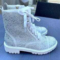 Nwt White Rhinestone Boots, Faux Fur Shoe Tongue, Side Zip Entry, White Rubber Sole. These Are Sparkly And Really Catch The Light. Women’s Size 6.5 Sparkly Combat Boots, Rainbow Boots, Crystal Boots, Bling Boots, Combat Boots Women, Rhinestone Boots, White Combat Boots, Studded Combat Boots, Boot Bling