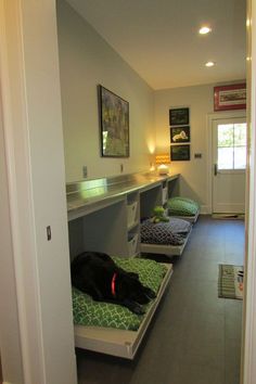 a black dog laying on top of a bed in a room next to a doorway