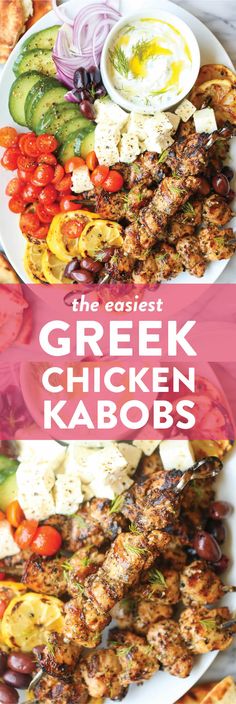 the best greek chicken kabobs on a plate with tomatoes, cucumbers and olives