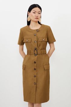 Twill Canvas Cargo Pocket Belted Tailored Midi Dress Bride Jumpsuit, Cargo Dress, Khaki Trench, Twill Dress, Business Casual Summer, Petite Business Casual, Eid Outfits, Trench Dress, Plus Size Formal