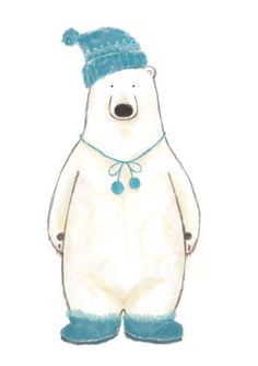 a drawing of a polar bear wearing a blue hat and scarf with pom poms