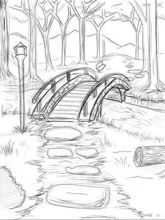 a drawing of a bridge over a river