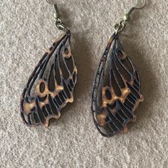 Hand Carved And Stained Wooden Butterfly Wing Earrings. Never Worn, Bought At A Local Craft Show. Light Weight And Unique. Wooden Jewelry Handmade, Woodburning Jewelry, Viking Knotwork, Wooden Butterfly, Wood Jewelery, Wooden Jewellery, Butterfly Wing Earrings, Craft Show, Butterfly Wing