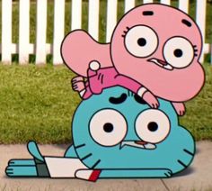 two cartoon characters sitting on top of each other in front of a white picket fence