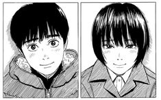 two anime faces, one with short hair and the other with straight hair in black and white