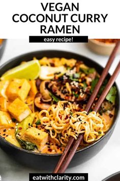 vegan coconut curry ramen in a bowl with chopsticks