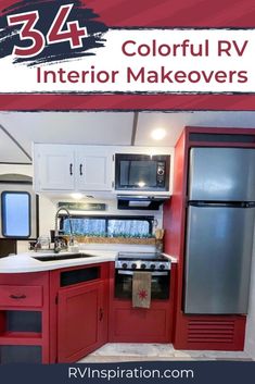 a kitchen with red cabinets and black appliances in the background is an advertisement for rv interior makeovers