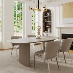 a dining room table with beige chairs and a fireplace in the backround area