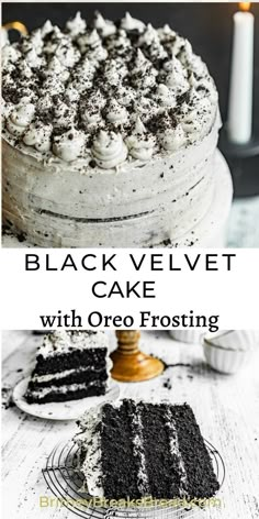 a black velvet cake with oreo frosting on top and the title reads, black velvet cake with oreo frosting