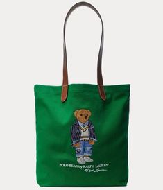 Polo Ralph Lauren Preppy Patchwork Jeans Bear Canvas Leather Trim Tote Bag Twill | eBay Polo Bear By Ralph Lauren, Ralph Lauren Preppy, Bear Canvas, Brown Leather Top, Starbucks Green, Leather Patchwork, Polo Bear, Patchwork Jeans, Patchwork Bags