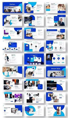 the blue and white presentation slideshow is shown with many different images on it, including one