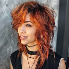 Copper Wolf Cut Hair, Copper Mullet, Copper And Black Hair, Coloured Hair Ideas, Wolf Haircuts, Copper Ginger, Copper Hair Color Ideas, Ash Hair, Medium Curly Hair Styles