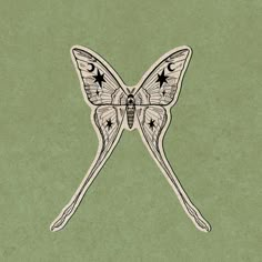 a drawing of a butterfly with stars on it's wings and two crossed legs