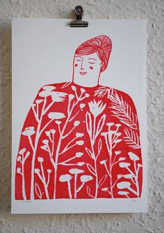 a red and white drawing of a person with flowers