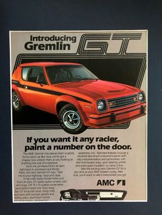 an old advertisement for the new car, which has been painted orange with black stripes