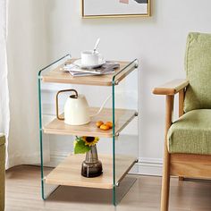 a small table with a glass shelf on it