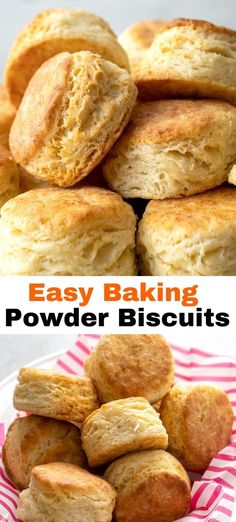 easy baking powder biscuits on a plate with text overlay that says easy baking powder biscuits