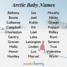 an image of a baby names in the snow with her name written on it's back