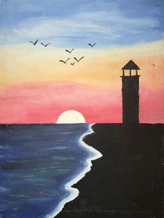 an acrylic painting of a lighthouse at sunset with birds flying over the water