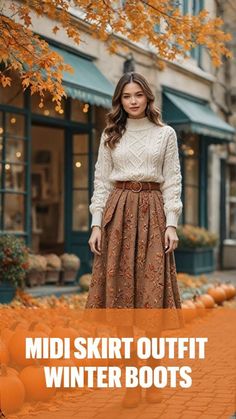 Pentecostal Winter Outfits, Casual Skirt Outfits Winter, Midi Skirt Outfit Winter Boots, Sweater With Skirt Outfit, Winter Midi Skirt Outfit, Skirt Outfit Winter, Parisian Chic Outfits