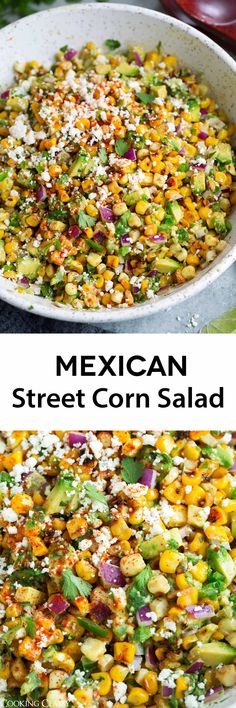 mexican street corn salad in a large white bowl with the title above it and an image of