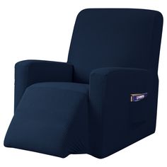 a black recliner chair with a blue label on the arm and backrests