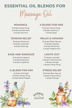 Essential oil blends for massage oil, DIY aromatherapy recipes, self care, science of essentials Oils For Massage Therapy, Essential Oils For Attraction, Message Oil Essential Oils, Spa Aromatherapy Blends, Massage Essential Oil Blend, Body Butter Essential Oil Blends, Aromatherapy Massage Oil Recipes, Essential Oil Blends For Skin Care, Essential Oils For Motivation